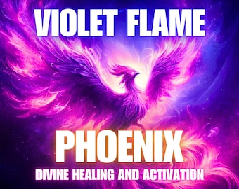 May include: A digital art image featuring a phoenix with outstretched wings, rendered in shades of purple and pink against a dark, cosmic background. The words "VIOLET FLAME" and "PHOENIX" are prominently displayed, along with the text "DIVINE HEALING AND ACTIVATION".