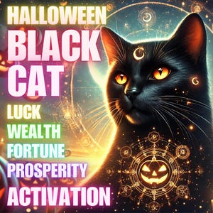 Puede incluir: Ilustración digital de un gato negro con ojos naranjas y una luna creciente. La imagen incluye el texto "Halloween Black Cat Luck Wealth Fortune Prosperity Activation", calabazas y velas.