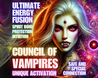 May include: A digital illustration of a vampire woman with red eyes and fangs. The background is a swirling mix of purple, pink, and red with a black and red orb. The text reads "Ultimate Energy Fusion", "Spirit Bond Protection Intuition", "Council of Vampires", "Unique Activation", "Safe and Special Connection".