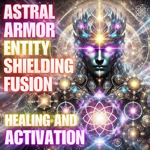 May include: Digital artwork featuring a celestial being with glowing eyes and intricate armor. The image is filled with cosmic elements, including swirling nebulae and geometric patterns. Text overlay reads "Astral Armor Entity Shielding Fusion Healing and Activation."