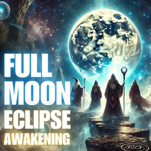 May include: Digital art featuring a celestial scene with a large, glowing moon and figures in cloaks. The text "FULL MOON ECLIPSE AWAKENING" is prominently displayed in white. The artwork has a fantasy theme.