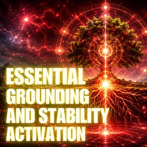 Può includere: Un'illustrazione digitale di un albero con radici e rami rossi luminosi, circondato da motivi geometrici di luce e cristalli. Il testo ESSENTIAL GROUNDING AND STABILITY ACTIVATION è scritto in grandi lettere gialle.