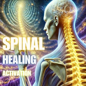 Könnte beinhalten: Eine digitale Illustration einer menschlichen Figur mit einer leuchtenden Wirbelsäule, umgeben von einer wirbelnden Galaxie aus Licht und Farbe. Der Text "SPINAL HEALING ACTIVATION" ist über das Bild gelegt.