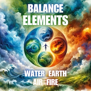 Puede incluir: Una ilustración colorida de los cuatro elementos: agua, tierra, aire y fuego. Los elementos están representados por colores que se arremolinan y una figura de pie en el centro. El texto "BALANCE ELEMENTS" está en la parte superior de la imagen.