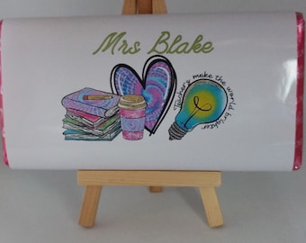 7 x instant editable printable download,Teacher,teaching assistant chocolate bar wrappers. Chocolate wrappers for 100g bars, personalised.