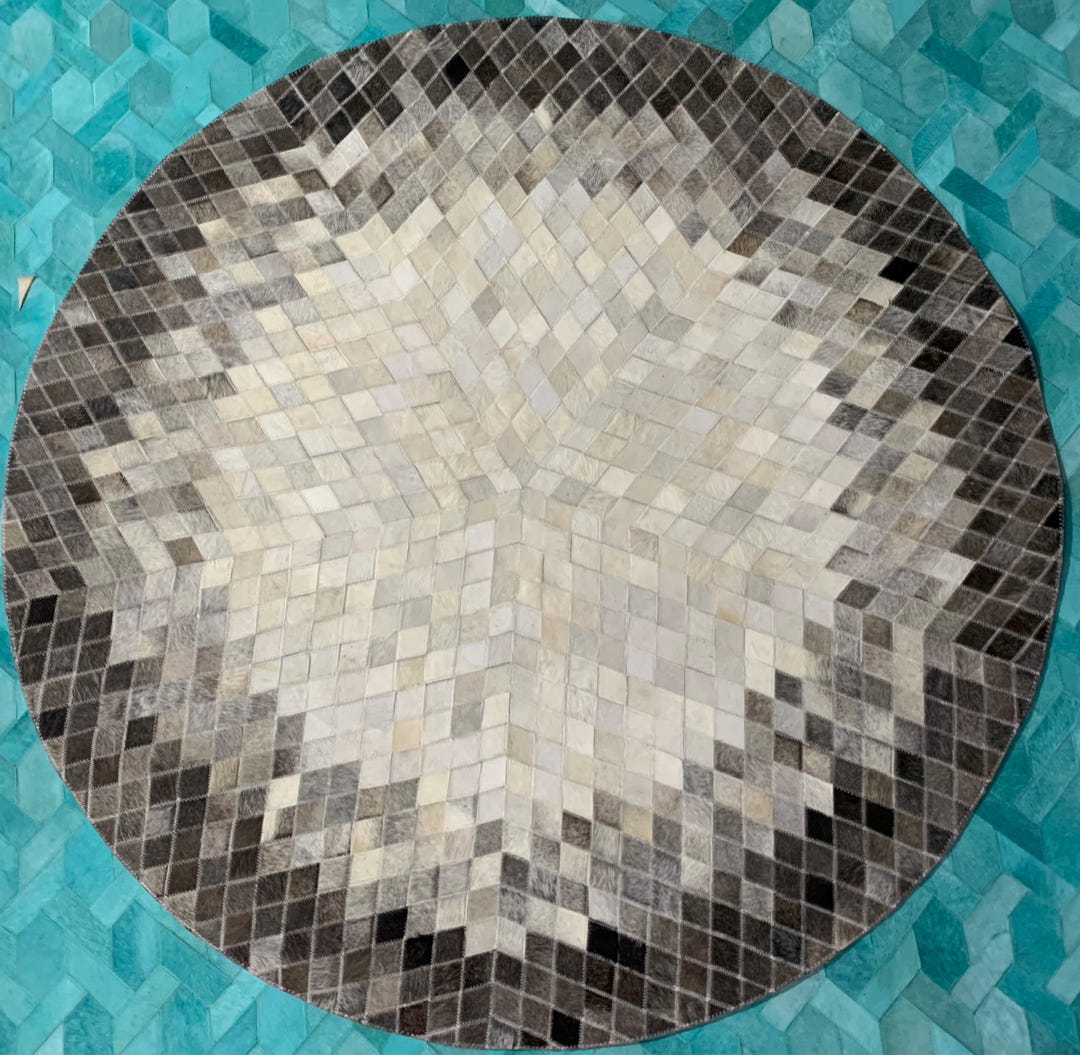 Round Hide Rugs Leather Round Rug Grey &white Patchwork Design Handmade Leather Rug ...