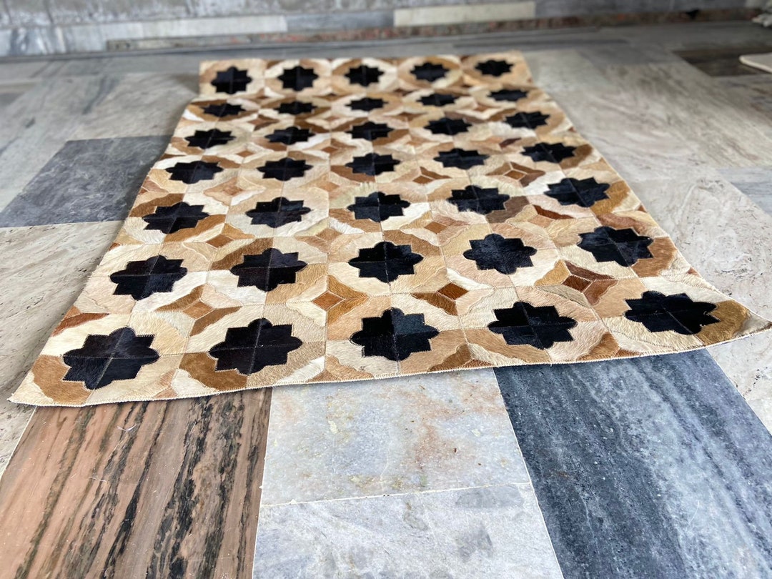 Cowhide Patchwork Area Rug Brown& Black Geometric Rug Leather Handmade ...
