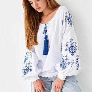 Women's white embroidered blouse, hand cross-stitch, blue stars