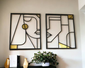 Set of 2 Abstract Metal Face Wall Decor: Geometric Modern Art