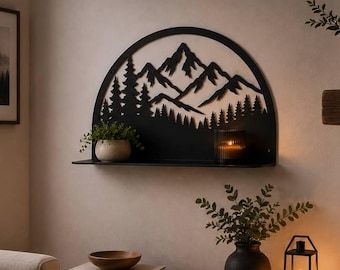 Étagère murale en métal motif montagne, décoration murale forêt, étagère flottante rustique, étagère en acier noir, étagère nature, décoration chalet, étagère de salle de bain