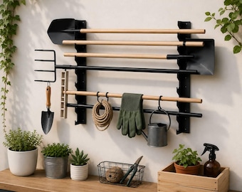 2-Piece Wall Mount Tool Organizer,  Garden Tool Holder, Garage Storage Rack, Pool Pole Holder, Fishing Rod Organizer, Heavy Duty Steel