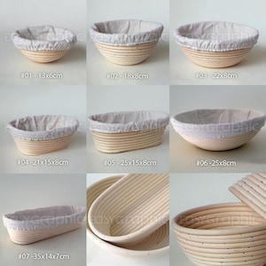 May include: Nine oval-shaped, woven, wicker bread baskets with white linen liners. The baskets range in size from 13x6 cm to 35x14x7 cm. The baskets are numbered #01 through #07 and the dimensions are listed below each basket.