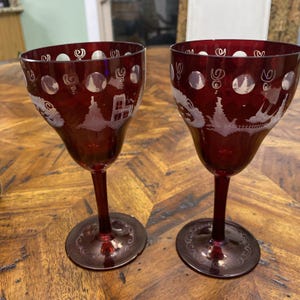 Egermann Czech Bohemian Cordial Glasses Set Of 2 Red Hand cut To Clear