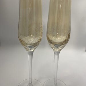 2 Amber Crackle Golden Luster Wine Fluted Champagne Toasting Glasses