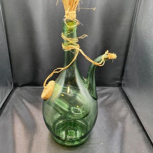 Vtg Large Hand Blown Green Glass Italian Wine Decanter with Ice Chamber
