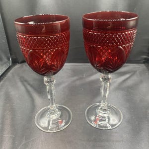 Cristal DArques Durand Antique Ruby Water Goblets Clear Glass Stem Set of 2