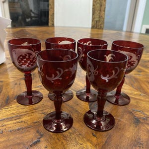 Bohemian Ruby Red Cranberry Cut to Clear Small Cordial Liqueur Glass 6 Pc