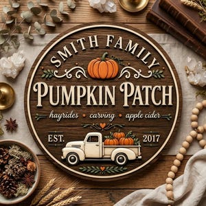 May include: A round wooden sign featuring the text SMITH FAMILY PUMPKIN PATCH, hayrides, carving, apple cider, and EST. 2017. The design includes a large orange pumpkin, a cream-coloured vintage truck carrying pumpkins, and decorative green leaf accents.