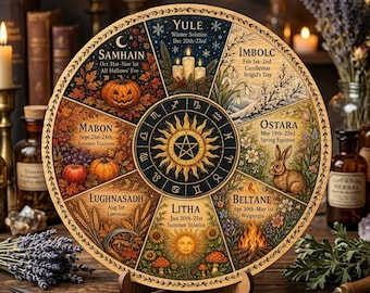 Wheel of the Year Decor, Sabbat Calendar, Pagan Wall Art, Wiccan Decor, LED Light Box, Wooden Sign, Altar Gift