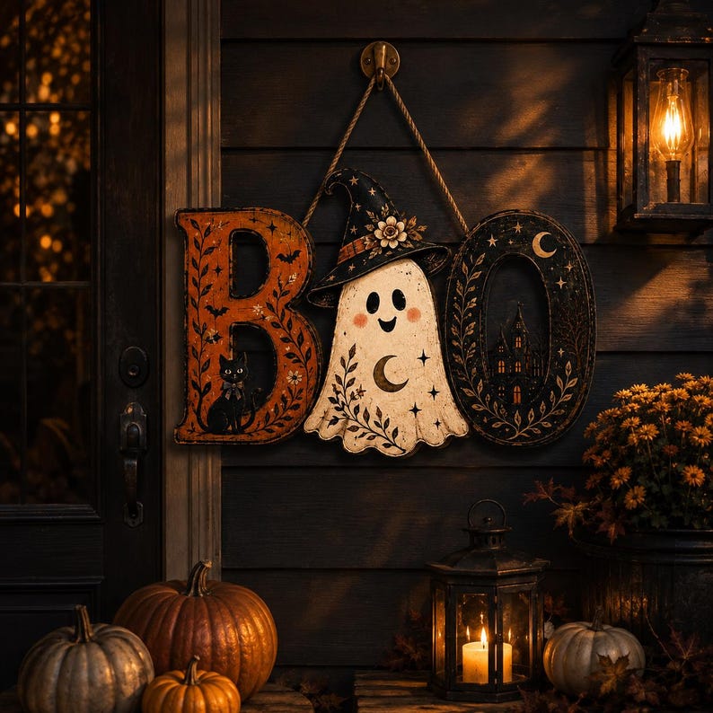 May include: A decorative wall hanging spelling the word BOO, featuring an orange letter B with a black cat, a white ghost wearing a witch hat as the letter O, and a black letter O with a haunted house illustration, all suspended by a rope.