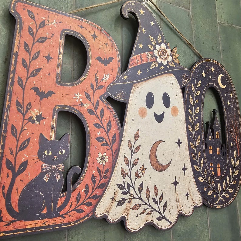 Halloween BOO Hanging Sign, Rustic Ghost Witch Door Decor, Black Cat Haunted House Porch Sign, Vintage Halloween Wall Decoration image 13