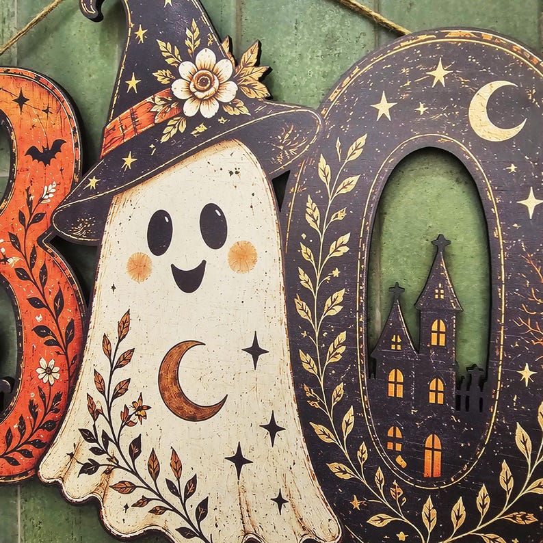 May include: A decorative wooden sign spelling BOO with a white ghost wearing a witch hat, a crescent moon, and a haunted house illustration. The design features orange and black colors with floral accents, stars, and a distressed finish.