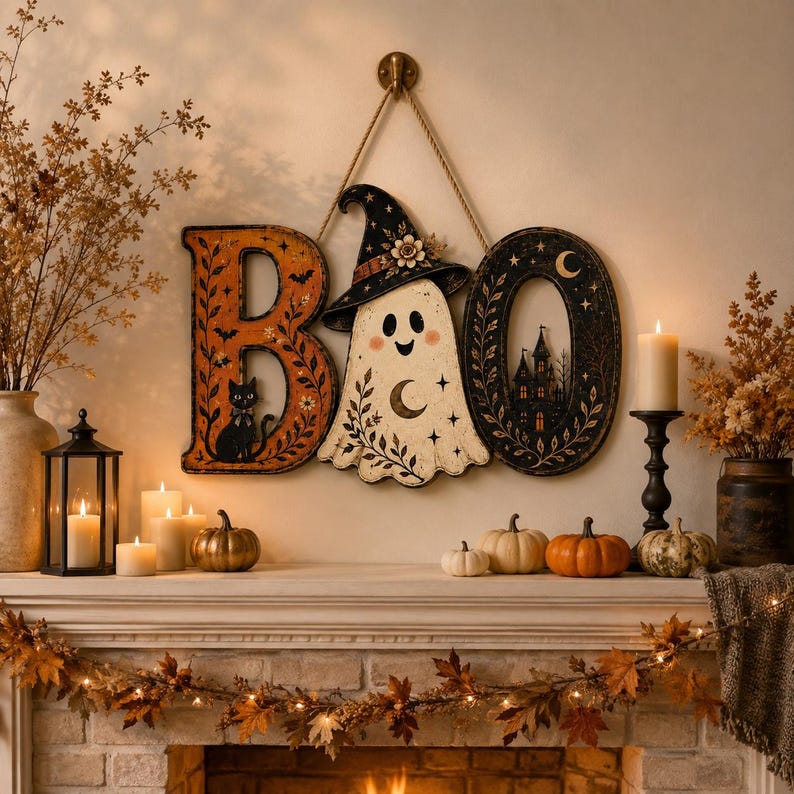 May include: A decorative wall hanging spelling the word BOO, featuring an orange letter B with a black cat, a white ghost wearing a witch hat in place of the letter O, and a black letter O decorated with a haunted house, stars, and a crescent moon.