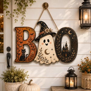 May include: A decorative wall hanging spelling BOO with a black cat on the letter B, a ghost wearing a witch hat in the centre, and a haunted house illustration inside the letter O. The sign is suspended by a rope against a white wall.