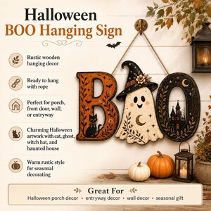 May include: A Halloween hanging sign featuring the word BOO. The letter B is orange with a black cat, the letter O is a white ghost wearing a black witch hat, and the second O is black with a haunted house illustration. It hangs from a rope.
