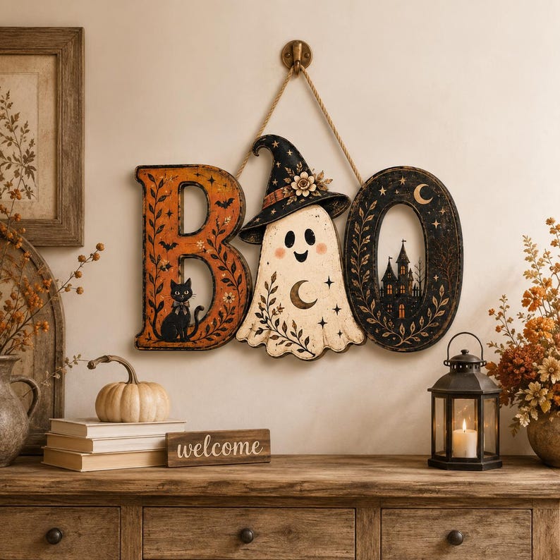 May include: A decorative wall hanging spelling BOO, featuring an orange letter B with a black cat, a white ghost wearing a witch hat as the letter O, and a black letter O with a haunted castle illustration, all suspended by a rope.