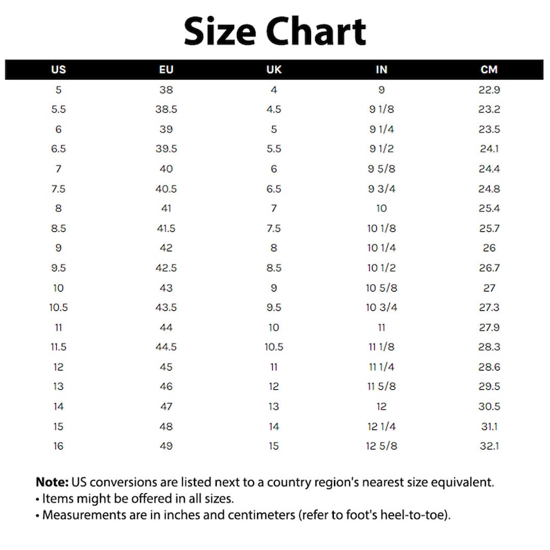 Pu&ograve; includere: Tabella delle taglie per le scarpe, che mostra le taglie US, EU, UK, in pollici e centimetri. La tabella elenca le taglie dal 5 al 16 in taglie US.