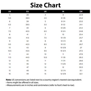 May include: A white size chart with black text, detailing shoe sizes in US, EU, UK, IN, and CM. Sizes range from US 5 to 16, with corresponding EU, UK, IN, and CM measurements. The chart includes a note about US conversions and measurements in inches and centimetres.