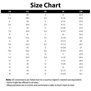 May include: Size chart for shoes, showing US, EU, UK, inches, and centimeters. The chart lists sizes from 5 to 16 in US sizes.