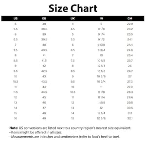 May include: Size chart for shoes, showing US, EU, UK, inches, and centimeters. The chart lists sizes from 5 to 16 in US sizes.