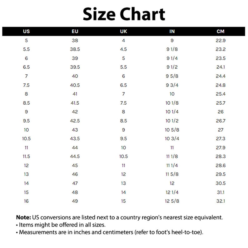 K&ouml;nnte beinhalten: Gr&ouml;&szlig;entabelle f&uuml;r Schuhe, die US, EU, UK, Zoll und Zentimeter anzeigt. Die Tabelle listet die Gr&ouml;&szlig;en von 5 bis 16 in US-Gr&ouml;&szlig;en auf.