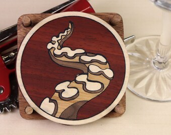 Wood Inlay Cthulhu Tentacles Coaster Set of 4. Wooden Insect Coasters - Walnut, Cherry, Maple & Padauk Wood Coasters - Natural Materials