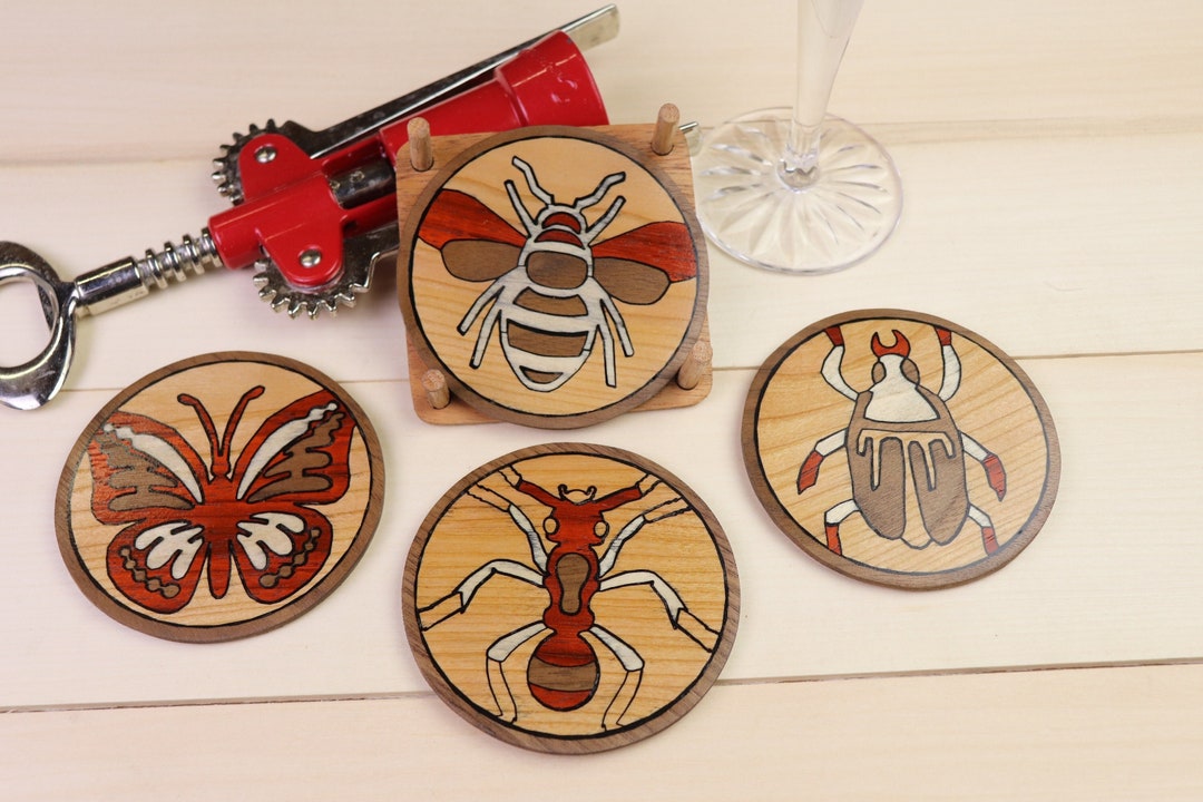 Insect Inlays Wood Inlay Eco Friends Coaster Set of 4. Wooden Insect - Etsy