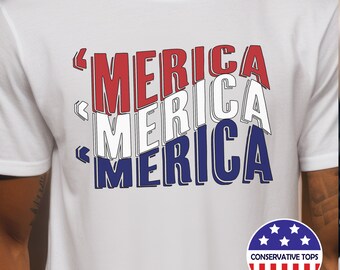 Merica merica merica, presente de camiseta Merica, manga curta Merica, presente Merica MAGA, camisa EUA Merica, camiseta Trump 2024, presente republicano unissex
