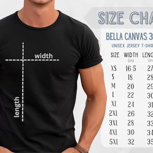 May include: Size chart for Bella Canvas 3001 unisex jersey t-shirt. The chart shows sizes XS to 5XL with corresponding width and length measurements in inches.