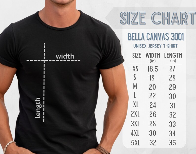 May include: Size chart for Bella Canvas 3001 unisex jersey t-shirt. The chart shows sizes XS to 5XL with corresponding width and length measurements in inches.