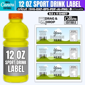 May include: A yellow 12 oz sport drink bottle with an orange cap is displayed next to a sheet of editable label templates. The labels include space for custom designs and birthday nutrition facts.