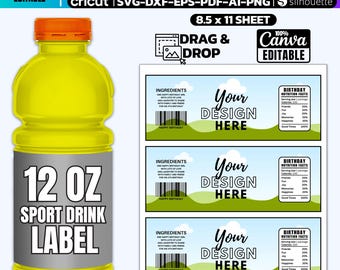 12 Oz Sport Drink Bottle Labels Template, Canva Editable Party Favor Labels