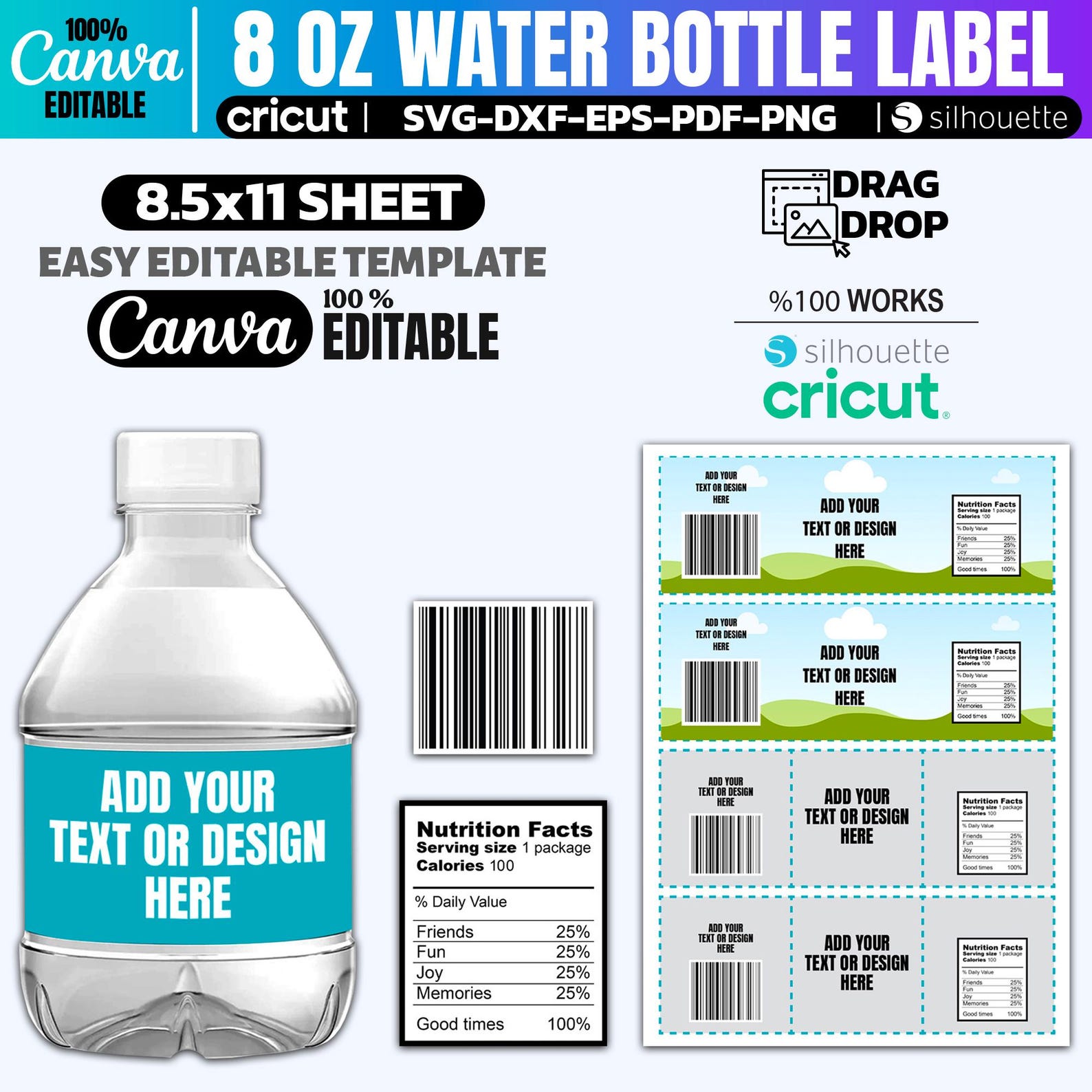8 Oz Water Bottle Label Template, Canva Editable Party Sticker