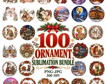 100 Round Christmas Ornament PNG Bundle, Vintage Holiday Sublimation Designs, JPG 300 DPI