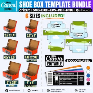 May include: A digital shoe box template bundle with six sizes, including 6.35cm x 3.56cm, 8.89cm x 5.08cm, 11.43cm x 6.35cm, 13.08cm x 7.49cm, 15.24cm x 9.65cm, and 17.78cm x 12.7cm. The design includes editable Canva templates, SVG, DXF, EPS, PDF, and PNG formats, with a 5-color label option.