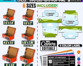 Paquete de plantillas SVG para cajas de zapatos de 6 tamaños / Mini cajas para zapatillas / Archivos de corte editables para Cricut y Silhouette en Canva