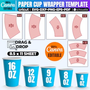 Papiertassen-Wrapper-Vorlagen-Bundle, Canva-Vorlage, 5 Größen, Papiertassen-Wrapper SVG, Papier-Kaffeetassen-Vorlage, 4oz - 8oz - 9oz - 12oz - 16oz