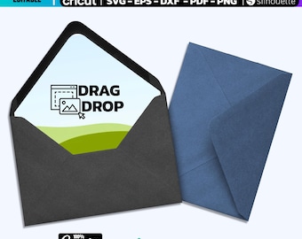 May include: A2 envelope and liner template for Cricut and Silhouette cutting machines. The envelope is black with a blue liner. The liner has a drag and drop image placeholder.