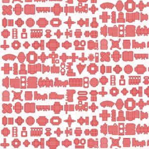 May include: A collection of numerous red paper box templates arranged in a grid pattern. Each template displays a unique flat layout design with various shapes, including rectangular, square, and circular folding lines for constructing boxes.