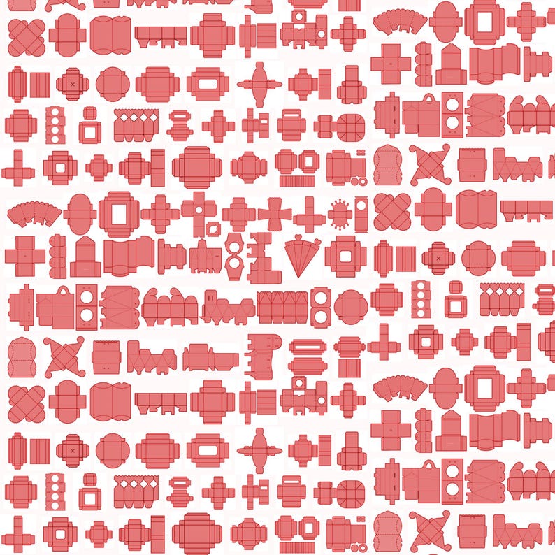 May include: A collection of numerous red paper box templates arranged in a grid pattern. Each template displays a unique flat layout design with various shapes, including rectangular, square, and circular folding lines for constructing boxes.